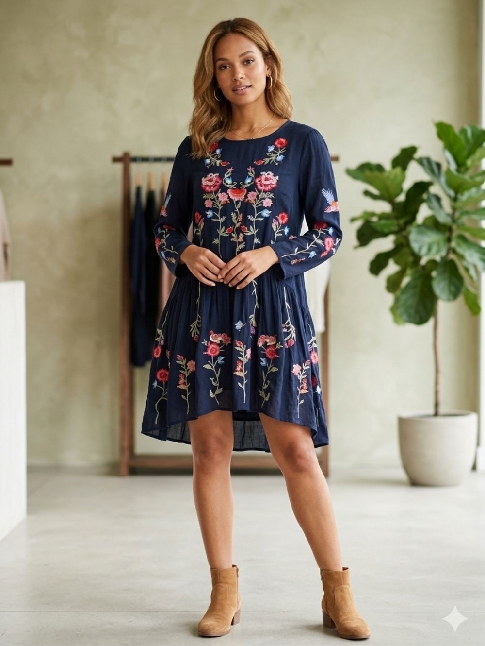Embroidered Floral & Bird Folkloric Boho Chic Swing Dress – Black – Size S